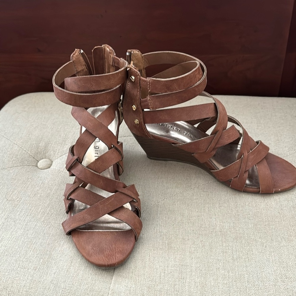 Madden Girl strappy wedge sandal in brown leather.